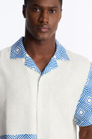 Camisa Vantros com Gola Cubana e Botões - Azul/Combinada