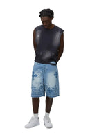 Bermuda Jeans com Aplique de Cruz em Strass