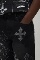 Bermuda Jeans com Aplique de Cruz em Strass